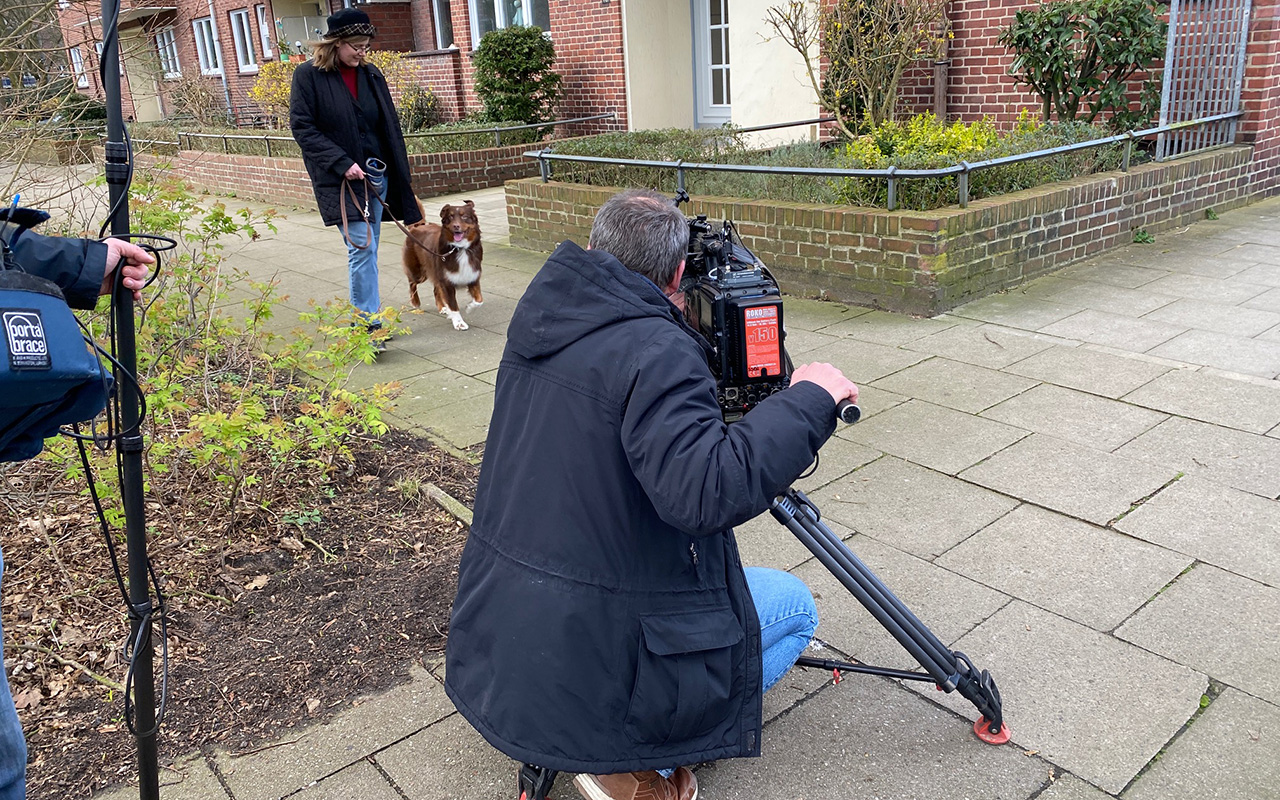 Bettwanzenspürhund Sydney bei Filmaufnahmen des NDR. Foto: Privat Kammerjäger für Bettwanzen in Hamburg: Bettwanzenspürhund bei NDR-Filmaufnahmen
